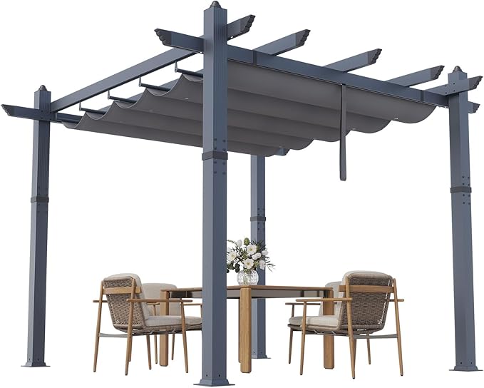 Garvee 10x10 Ft Outdoor Pergola Metal Gazebo with Retractable Canopy for Patio Backyard Deck Porch Grape Trellis(Gray)