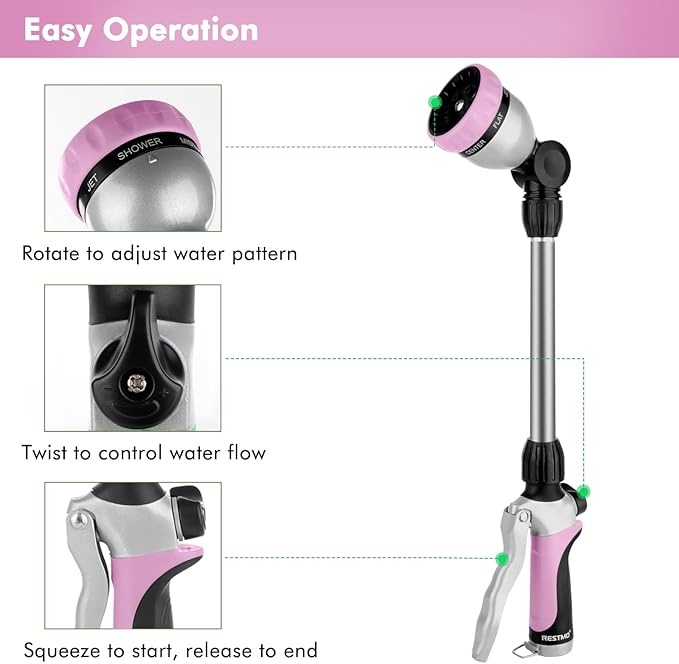 RESTMO Metal Watering Wand, Heavy Duty Garden Hose Wand with 180° Swivel Ratcheting Head, 16'' Hose Nozzle Sprayer with 7 Spray Patterns and Flow Control, for Water Hanging Baskets and Shrubs, Pink