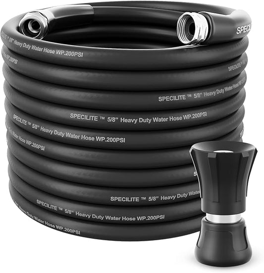 SPECILITE 5/8" Garden Hose 100 ft with High Flow Nozzle, Heavy Duty Flexible Hybrid Rubber Water Hose for Outdoor, Lightweight, Leak-Proof, No-Kink, 3/4"Stainless Steel Fittings,Black