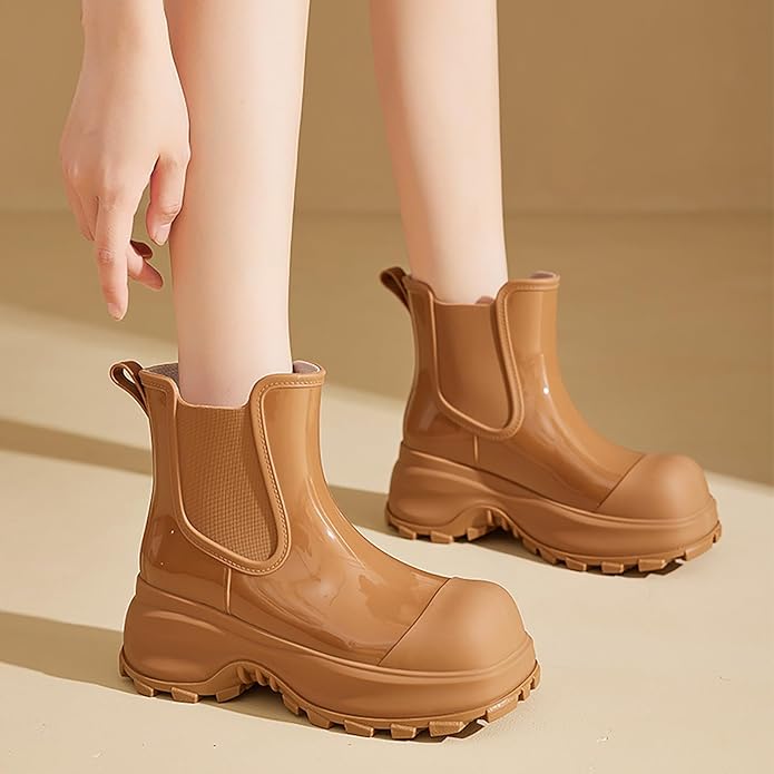 Women'S Waterproof Chunky Platform Chelsea Rain Boots Fashion Big Toe Comfort Slip-On Block Heel Outdoor Garden Work Ankle Boots Casual Lug Sole Non-Slip Combat Booties