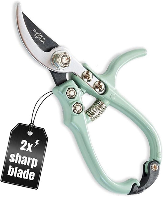 Modern Sprout Hand Pruners - Lightweight Pruning Shears W/Easy Lock- Gardening Scissors - Bypass Sharp Carbon Steel Blade - Rust Resistant - Garden Tools - Reusable Holster - Green