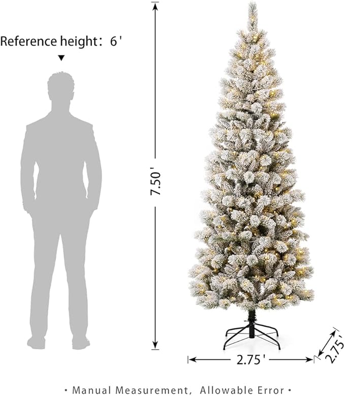 Glitzhome 7.5ft Pre-Lit Flocked Artificial Christmas Tree, Portland Snowy Pine Pencil Christmas Tree with 300 LED Lights, 9 Functional Warm White/Multi-Color, Remote Controller
