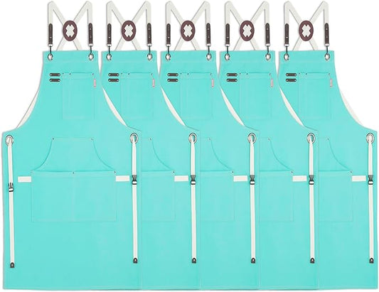 5 Pack Kitchen Apron, Work Apron, Canvas, Multiple Pockets, Gardening, Painting, BBQ, Artist, Carpenter, Sizes M to XXL, Ice Blue