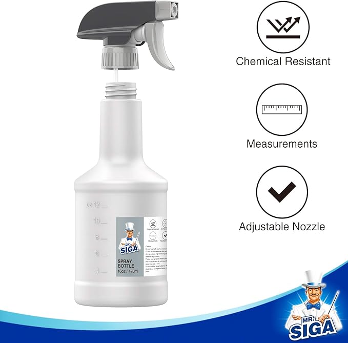 MR.SIGA 16 oz Empty Plastic Spray Bottles for Cleaning Solutions, Heavy Duty Household Reusable Spray Bottles with Measurements and Adjustable Leak Proof Nozzle, 3 Pack