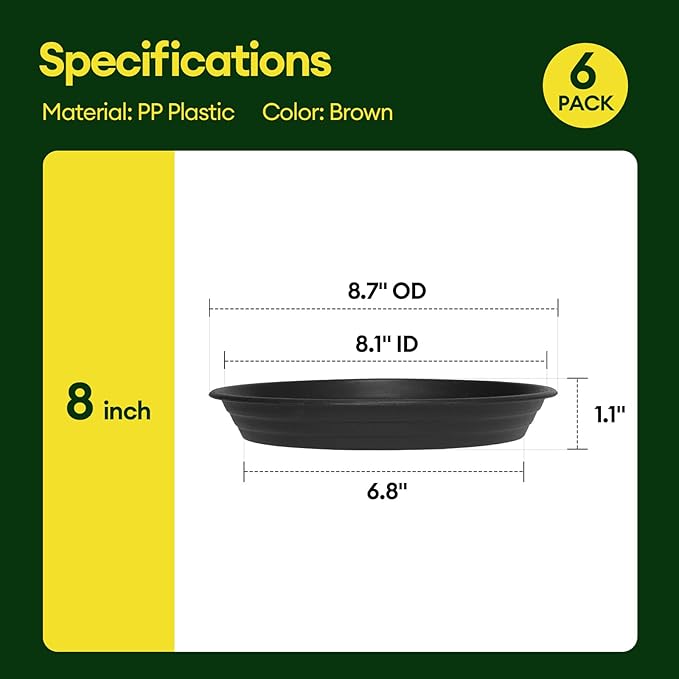 6 Pack Plant Saucer, 8 10 12 inch Plant Saucers for Indoor, Heavy Duty Plastic Plant Trays for pots, Grow Bags, Bird Baths, Flower Drip Trays for Indoor and Outdoor Uses (8", Black)
