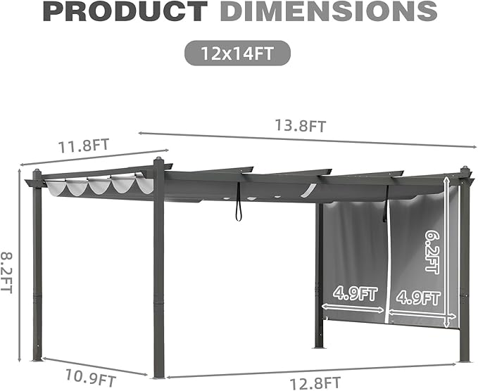 BPS 12x14 FT Outdoor Pergola - Retractable Shade Canopy with Aluminum Frame & Roller Shade Curtains for Patio, Backyard, or Deck, Gray