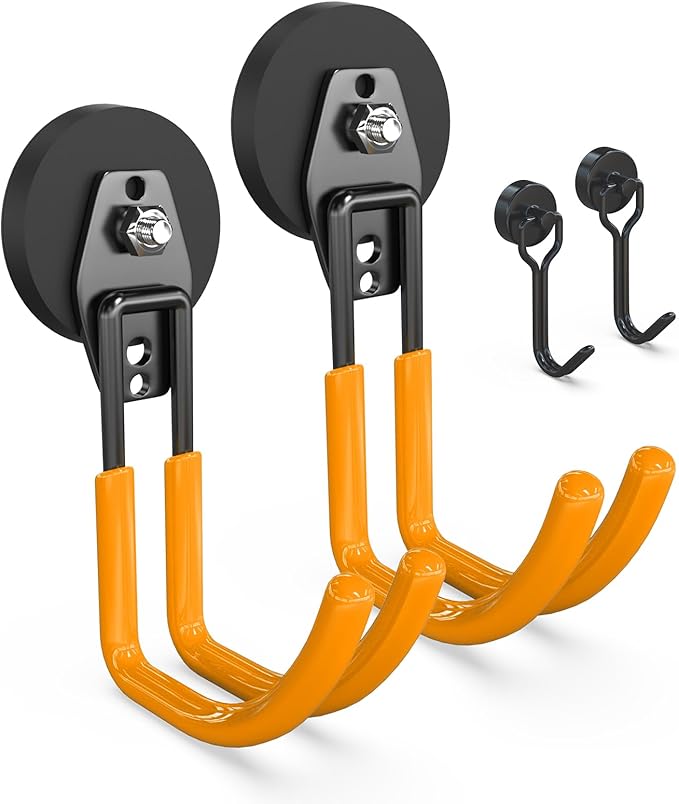 3-H Heavy Duty Magnet Garage Hooks 2 Pack, J Shape Strong Magnetic Hooks for Hanging Cordless Power Drill, Utility Magnetic Tool Holder for Metal Cabinet, Steel Pegboard, Toolbox, Garage(Orange)