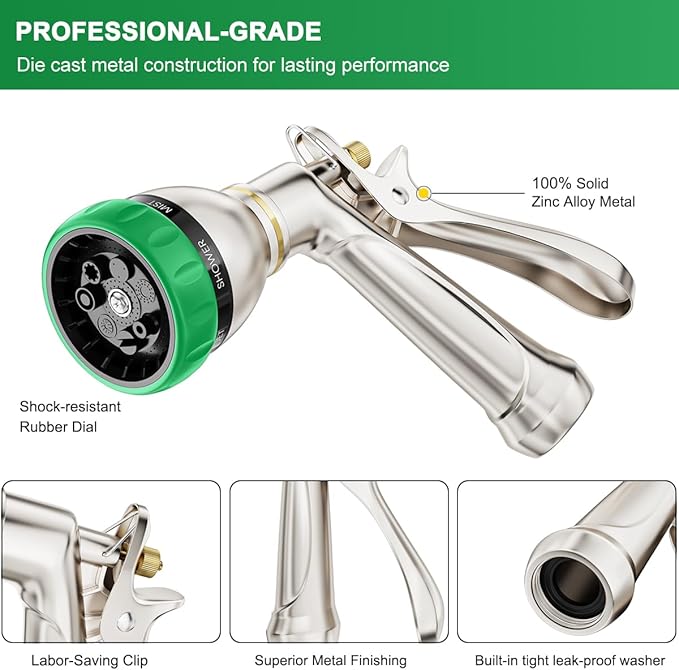 FANHAO Heavy Duty Garden Hose Nozzle, 100% Metal Water Hose Sprayer with 7 Spray Patterns, Ergonomic Rear Trigger, High Pressure Water Nozzle Sprayer for Watering Plants, Washing Car and Pet