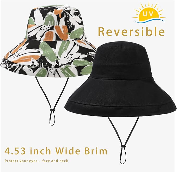 vidsel Womens Sun Hats Wide Brim Reversible Bucket Cotton Hat Packable Summer Travel Cap with Hat Clip,UV Protection