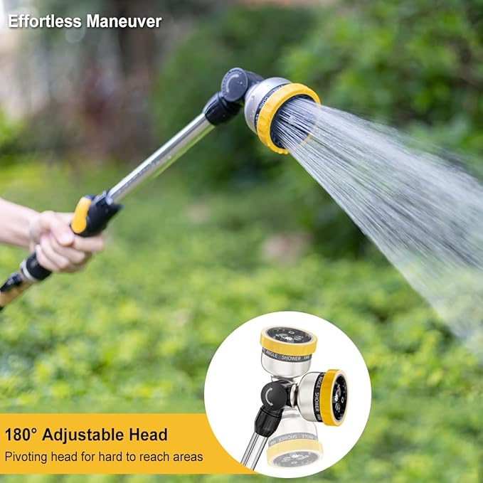 FANHAO Metal Garden Hose Wand, 16-Inch Heavy Duty Watering Wand with 9 Spray Patterns, 180° Rotating Long Garden Hose Nozzle Thumb Flow Control, Ideal to Water Hanging Baskets and Shrubs -Yellow