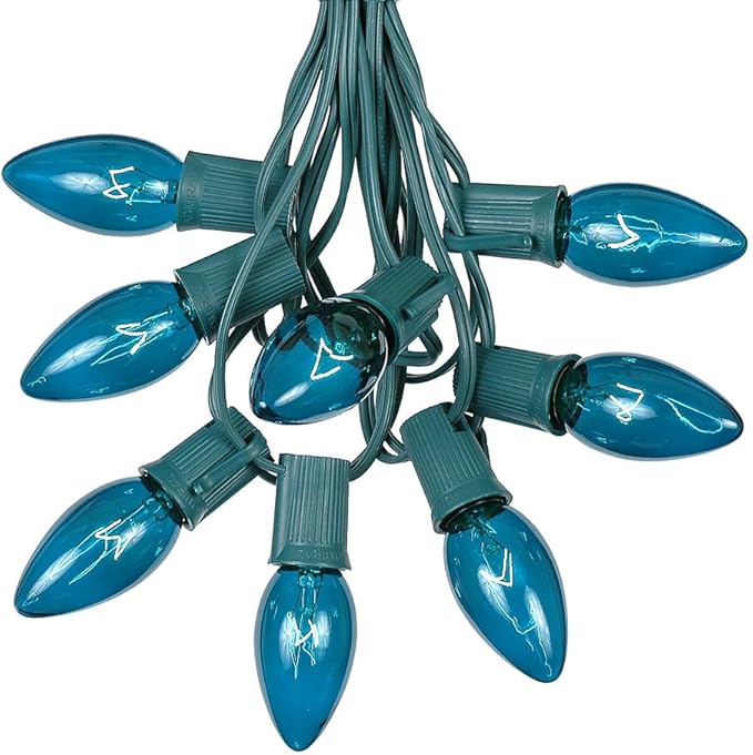 Novelty Lights C9 Teal Christmas String Light Set - Outdoor Christmas Light String - Hanging Christmas Lights - Roofline Light String - Outdoor Patio String Lights - Green Wire - 25 Foot