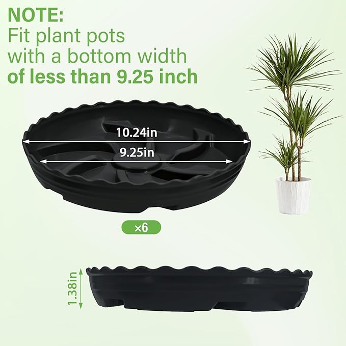6 Pack 10 Inch Plant Trays for Pots, Raised Ridge Plant Saucers,6 8 12 14 Inch Durable Plastic Plant Pot Saucer,Black Round Plant Water Catcher Tray for Indoors and Outdoors(Black, 10‘’6pack)
