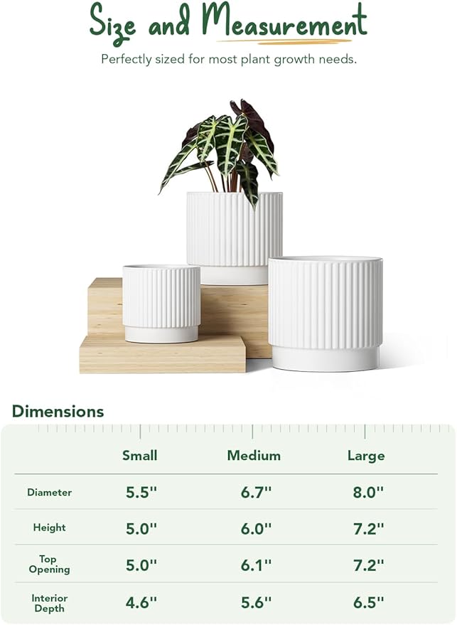 LE TAUCI Ceramic Pots for Plants, 8+6.7+5.5 Inch Plant Pots Indoor, Flower Pot with Drainage Holes, Medium Cylinder Planters for Indoor House Plants, Set of 3, White