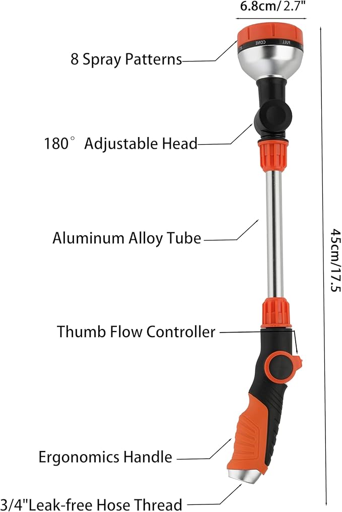17.5" Gardening Watering Wand | 8 Spray Patterns & Thumb-Controlled Switch | 180° Rotating Long Nozzle| for Plants, Hanging Baskets and Shrubs, Pet Bathing, Wall Washing-Orange