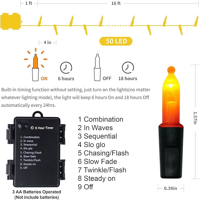 WATERGLIDE 50 LED Outdoor Halloween Lights, 16 FT Mini String Light with 8 Modes, Waterproof Battery Operated Tree Lights for Indoor Outdoor Patio Garden Party Wedding Decoration, Orange
