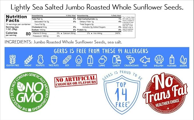Gerbs Jumbo Lightly Sea Salted Whole Sunflower Seeds 14 oz. | Small Batch, No Additives, Resealable Bag | Crack-and-Eat Crunchy Snack | Top 14 Allergen-Free