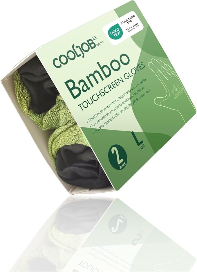 COOLJOB 2 Pairs Gardening Gloves for Women and Men, Bamboo Working Gloves Touchscreen, Grippy Nitrile Rubber Coated Work Gloves, Green/Black, Large Size (2 Pairs L)