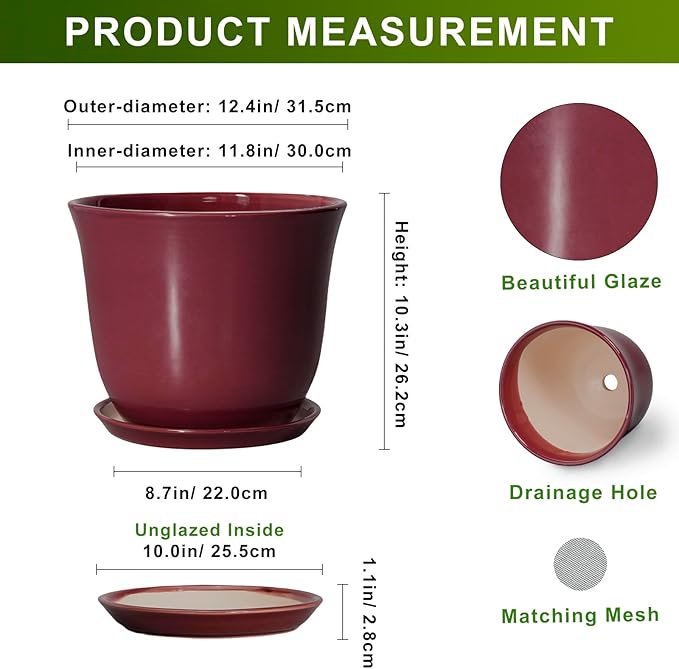 12 Inch Pots for Plants - Ceramic Planter for Indoor Outdoor, Round Plant Pot with Drainage Hole and Saucer, Large Planters, Modern Flower Pots, Home Room Office Decor, Gardening Gifts, Red