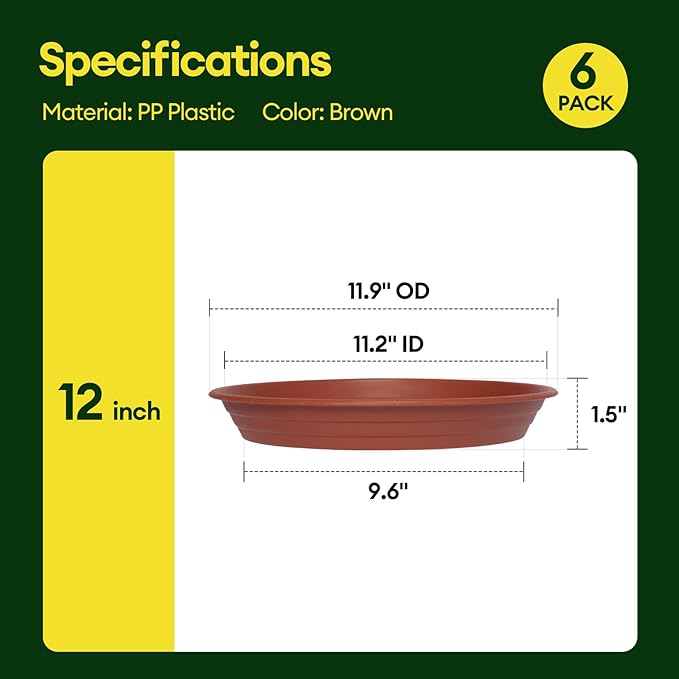 6 Pack Plant Saucer, 8 10 12 inch Plant Saucers for Indoor, Heavy Duty Plastic Plant Trays for pots, Grow Bags, Bird Baths, Flower Drip Trays for Indoor and Outdoor Uses (12", Brown)