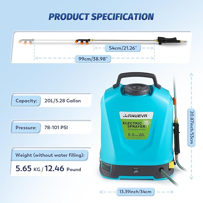 LANUEVA 5.28 Gal/20L Battery Powered Sprayer with Mixing System, 78-101 PSI Adjustable Electric Backpack Sprayer with Six Mist Nozzles&Telescopic Wand, Weed Sprayer for Lawn Garden Home Cleaning