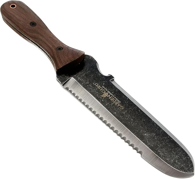Garden Guru Hori Hori Gardening Knife for Weeding Digging Pruning & Cultivating - Stainless Steel Full Tang Blade | Walnut Wood Handle | Marks for Measuring Planting Depth | Nylon Sheath for Storage