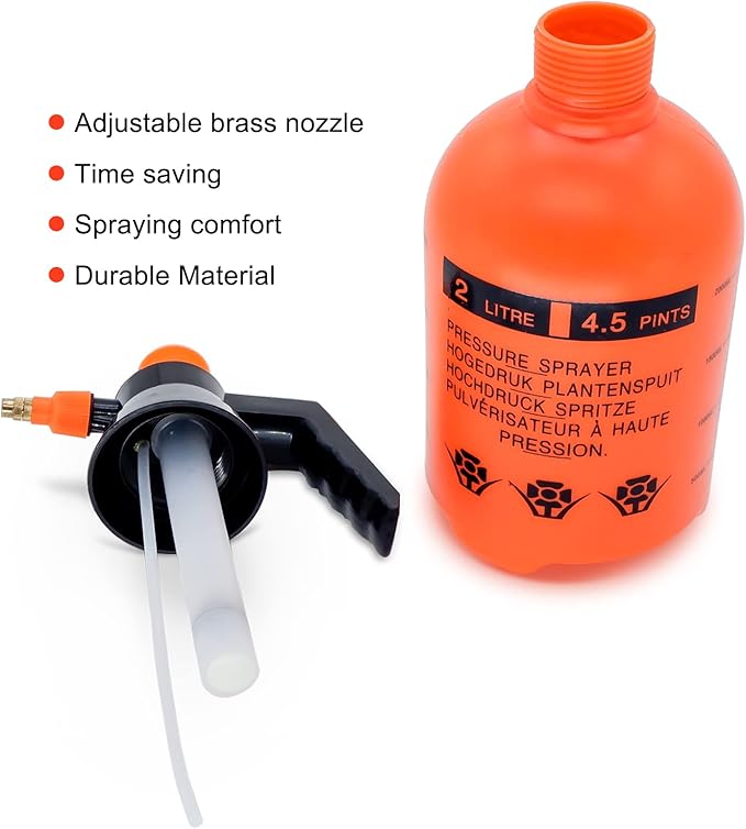 68oz Garden Pump Sprayer, 2L Hand Pressure Sprayer Bottle, 0.5 Gal Lawn Adjustable Sprayer for Plant Mister Spraying Weeds Home Cleaning Watering (Orange)