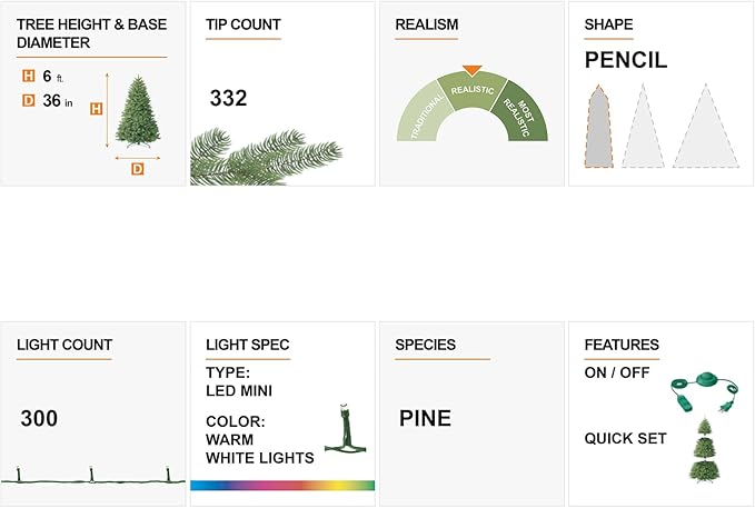 Glitzhome 6ft Pre-Lit Flocked Pencil Pine Artificial Christmas Tree with 300 Warm White Lights and Foldable Metal Stand for Home, Office, Party Decoration, Easy Assembly