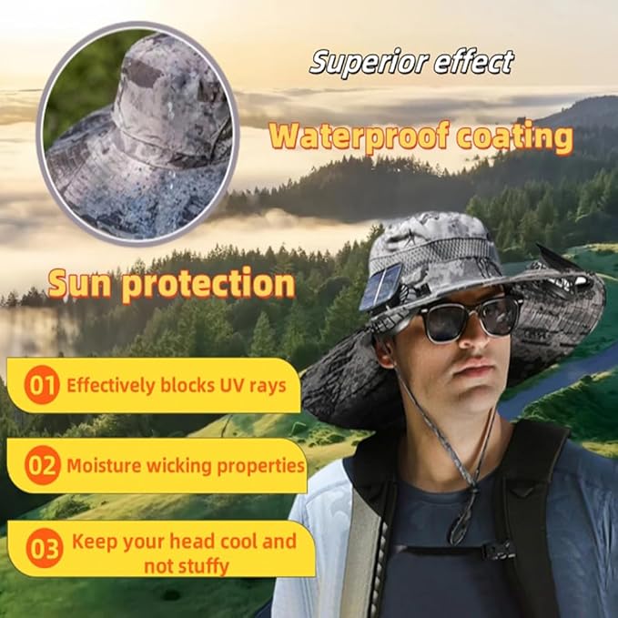 Solar Fan Hat Wide Brim Solar Fan Outdoor Fishing Hat Solar Powered Fan Sun Hat with 2 Removable Fans for Hiking Gardening