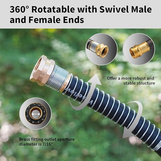 WiseFlow Garden Hose 25FT x 5/8", Heavy Duty Rubber Hose, 1000PSI Burst, 300PSI Working, Water Hose with Five Layered Braiding, Male Female Fittings (Black)