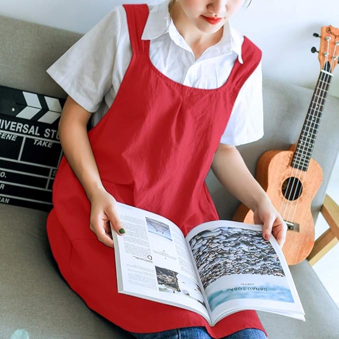 NEWGEM Japanese Linen Cross Back Cooking Aprons for Women Men with Pockets Cute for Baking Kitchen