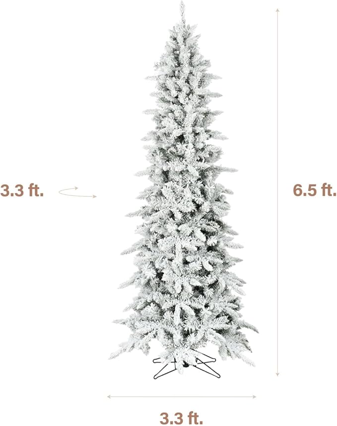 Fraser Hill Farm 6.5-Ft Slim Mountain Pine Flocked Artificial Christmas Tree with Stand, Unlit Foldable Skinny Fake Tree with Realistic Snowy Foliage, Holiday Décor Greenery for Winter Decoration