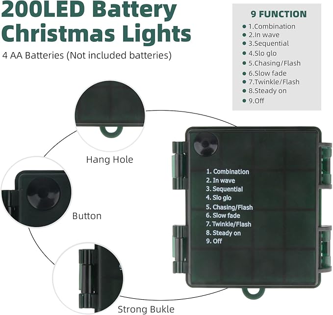 Christmas Lights 66ft 200 LED Battery Operated String Lights with Timer Memory Function or Battery Powered Waterproof Fairy Light for Indoor Outdoor Decoration