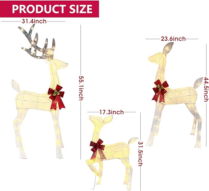 Lighted Reindeer Christmas Outdoor Yard Decorations, 4ft 3-Piece Reindeer Family Set with 240 LEDs, Ground Stakes, Durable Weatherproof Metal Frame for Home, Garden, Indoor Holiday Decor, White