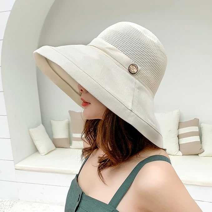 Women Wide Brim Sun Hats Metal Wired Edge Summer UV Protection Beach Fishing Hat for Hiking Garden Travel Chin Strap