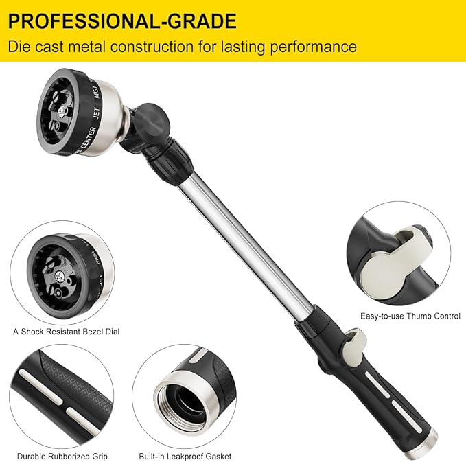 FANHAO Metal Garden Hose Wand, 16-Inch Heavy Duty Watering Wand with 9 Spray Patterns, 180° Rotating Long Garden Hose Nozzle Thumb Flow Control, Ideal to Water Hanging Baskets and Shrubs -Black