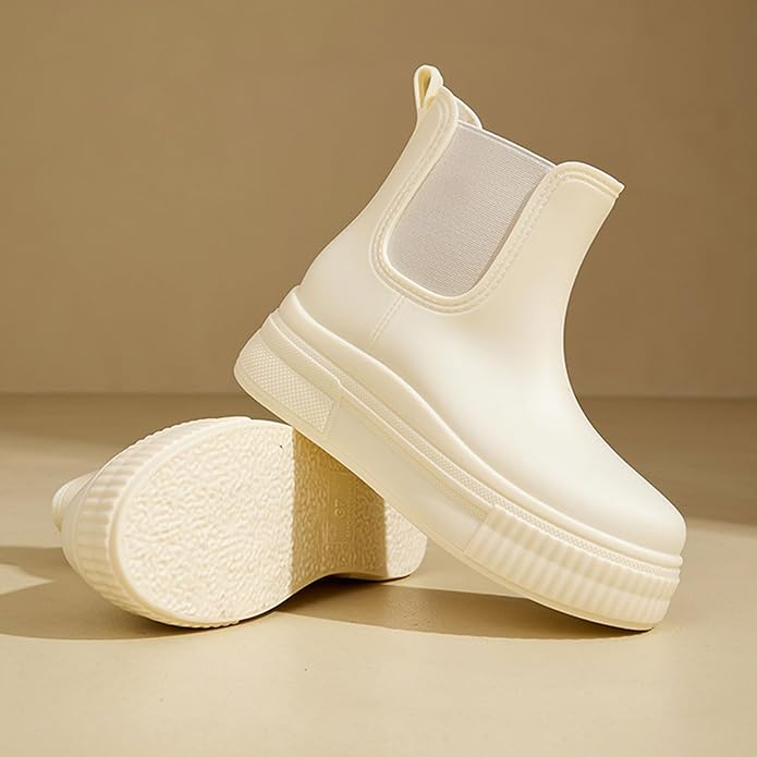 Women's PVC Chunky Platform Ankle Rain Boots Waterproof Slip On Anti-slip Chelsea Boots Comfort Wide-leg Elastic Band Outdoor Rubber Garden Work Rain Boots For Yard Farm