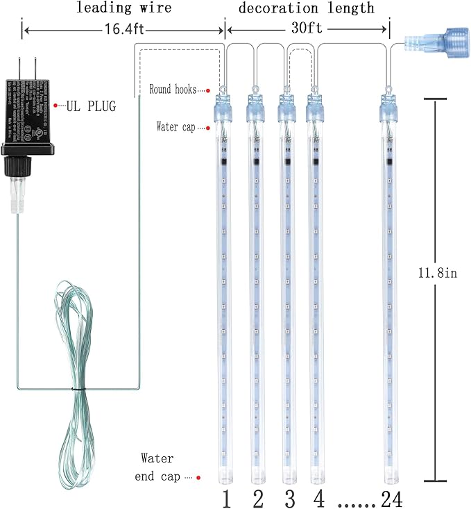 Kwaiffeo Outdoor Christmas Decorations, 24 Tubes(Equivalent to 3 Sets of 8-Tubes) LED Meteor Shower Lights for Xmas Halloween Decor Yard Lawn Outside Party, Outdoor Lighted Christmas-Themed Ornaments