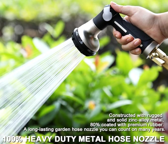 ESOW Garden Hose Nozzle 100% Heavy Duty Metal, Water Hose Sprayer with 8 Watering Patterns, Thumb Control On Off Valve, High Pressure Nozzle Sprayer for Watering Plants, Car and Pet Washing, Black