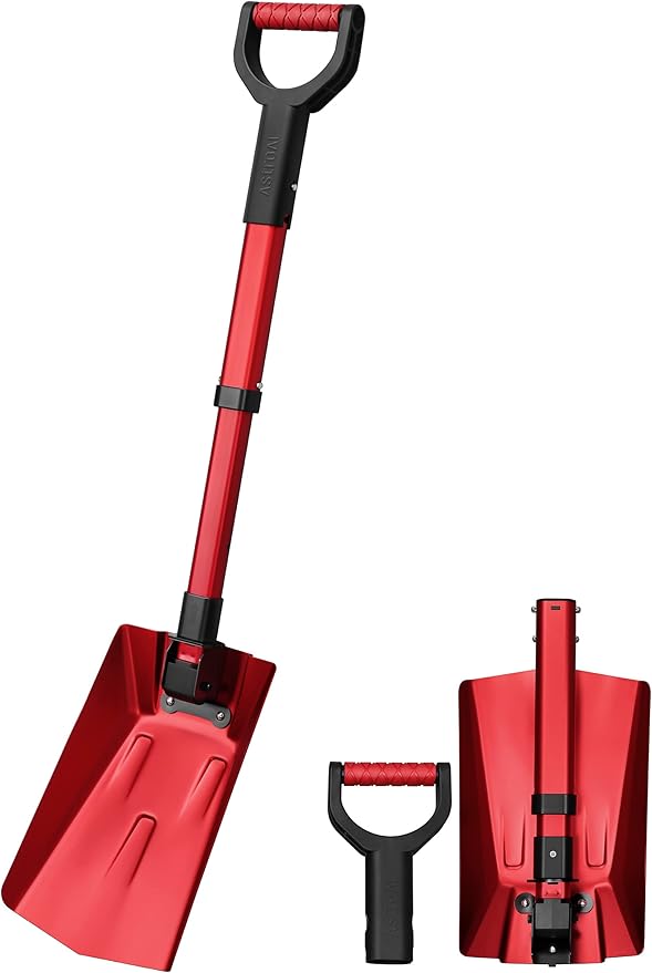 AstroAI 38.4" Foldable Snow Shovel for Car, Retractable Snow Shovel with Thickened Aluminum Handle and Reinforced Iron Hinge, Portable and Multi-Functional for Driveway, Cars, Camping and Slush,Red