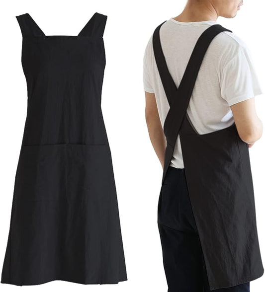 NEWGEM Japanese Linen Cross Back Cooking Aprons for Women Men with Pockets Cute for Baking Kitchen