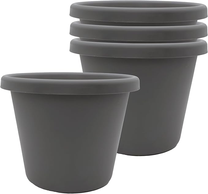 The HC Companies Classic Round Plastic Plant Pot w/Rolled Rim - Lightweight & UV Resistant Flower Pot for Herbs & More - Outdoor & Indoor Plant Pots w/Drainage (7 inch Warm Gray, Pack of 4)