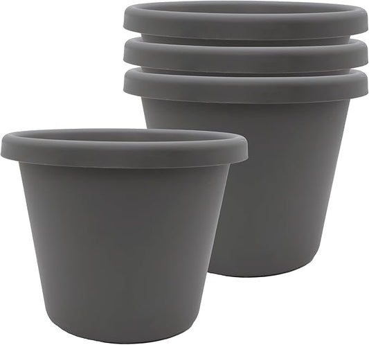 The HC Companies Classic Round Plastic Plant Pot w/Rolled Rim - Lightweight & UV Resistant Flower Pot for Herbs & More - Outdoor & Indoor Plant Pots w/Drainage (7 inch Warm Gray, Pack of 4)
