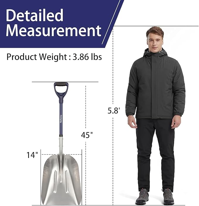 Aluminum Snow Shovel - Large Capacity Driveway Snow Removal Tool, Fiberglass D-Handle, 45 Inch Blade