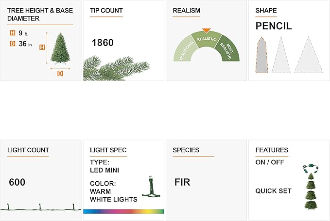 Glitzhome 9ft Pre-Lit Artificial Christmas Tree, Snowy Splendor Fir Hinged Holiday Christmas Tree Flocked Pencil Xmas Tree with 600 Warm White Lights for Home, Office, Party Decoration