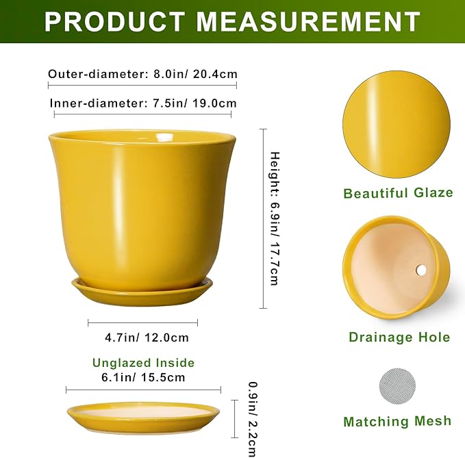 Ceramic Pots for Plants - 8 Inch Plant Pot for Indoor Outdoor, Round Planter with Drainage Hole and Tray, Decorative Flower Pot, Modern Planter, Home Patio Decor, House Warming Gift, Yellow