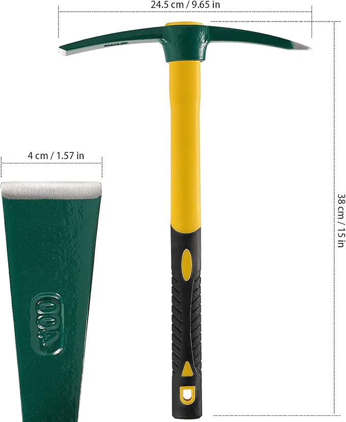 JEUIHAU 15 Inches Pick Mattock Hoe, Forged Adze Hoe with Plastic Coated Fiberglass Handle, 1.5 Lb Weeding Mattock Hoe for Gardening, Loosening Soil, Camping, Planting