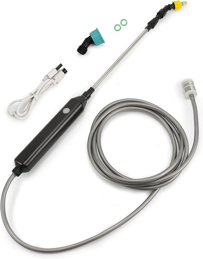 TOOVEM Electric Garden Sprayer, Portable Battery Powered Watering Wand, Rechargeable Plant Spray Mister with Telescopic Wand, 3 Adjustable Nozzles and 10ft Water Hose for Yard Lawn Weeds Plants