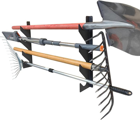 Wall Mount Garden Storage Tool Organizer, Heavy Duty Shed Tool Organizer for Shovels and Rakes, Tool Rack for Garage Organization & Storage, Holds 150 lbs Black
