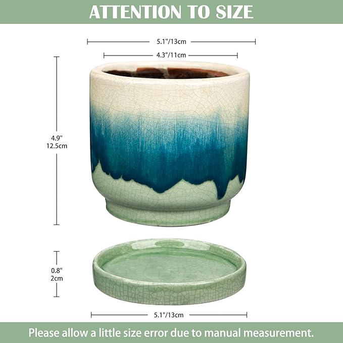 Oairse Ceramic Pot for Plants 5.5 inch Pots for Plants Small Planter Pot with Drainage Hole and Saucers Gradient Dark Teal Outdoor Inoor Flower Pots for Succulent, Cactus, Snake Plant, Herb