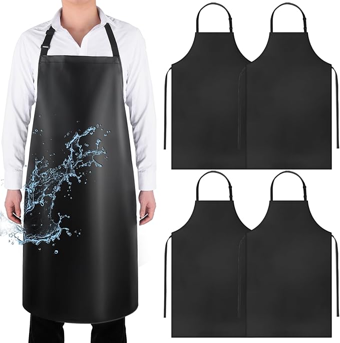 Gotega 4 Pack Waterproof Rubber PVC Apron Adjustable Dishwasher Apron-Women Men Heavy Duty Work Apron for Dishwashing Chemical Lab Butcher Grooming Black